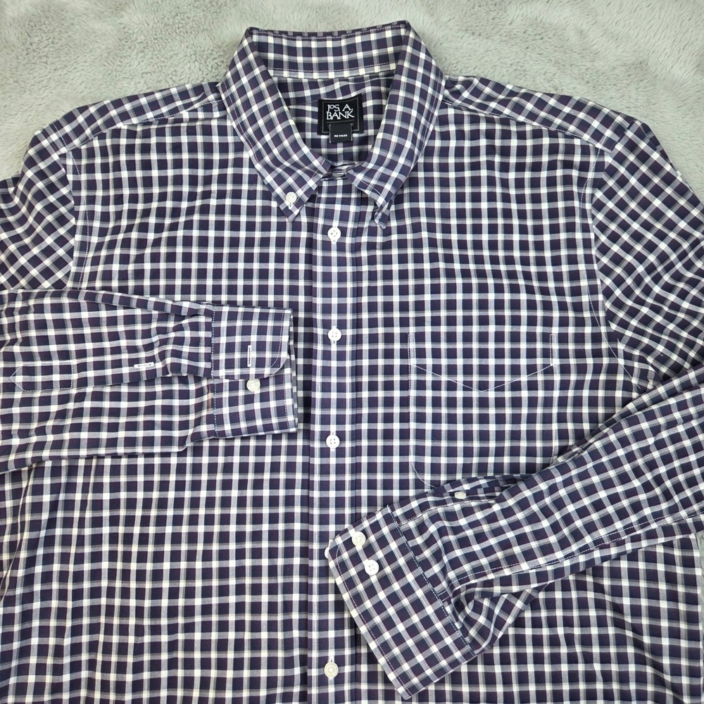Jos. A. Bank Button Down Shirt Mens XL Slim Fit Traveler Gingham Navy White 80ch